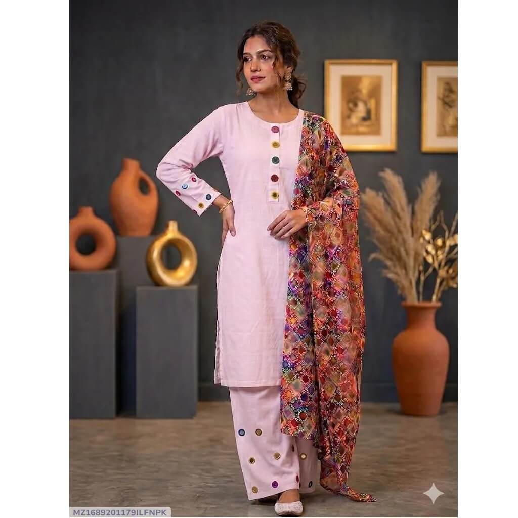 Women's Peach Dobby Lawn 3 Piece Suit with Multi Shisha Work and Farshi Shalwar Women's Peach Dobby Lawn 3 Piece Suit with Multi Shisha Work and Farshi Shalwar