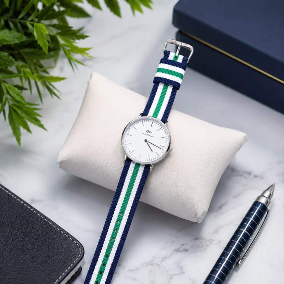 Classic Men’s Analog Watch with Blue Green Striped Nylon Strap Classic Men’s Analog Watch with Blue Green Striped Nylon Strap