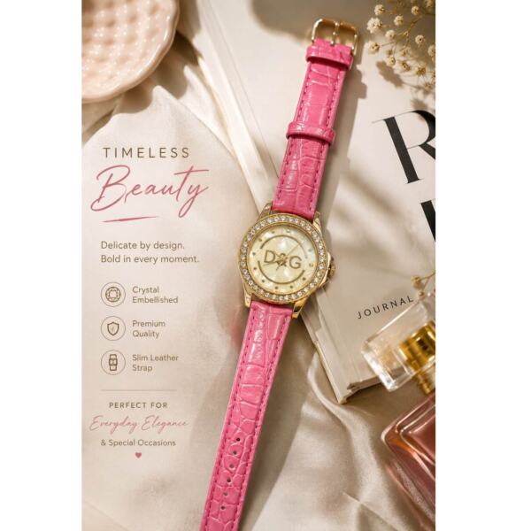 Women’s Pink Fashion Watch – Elegant Gold Tone Crystal Dial with Leather Strap