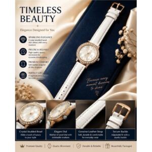 Women’s Stylish Dress Watch – Crystal Bezel, White Strap and Gold-Tone Case