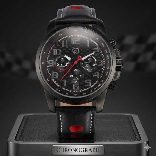 SHARK Men's Chronograph Watch – Black Leather Strap Sports Wristwatch with Red Accents