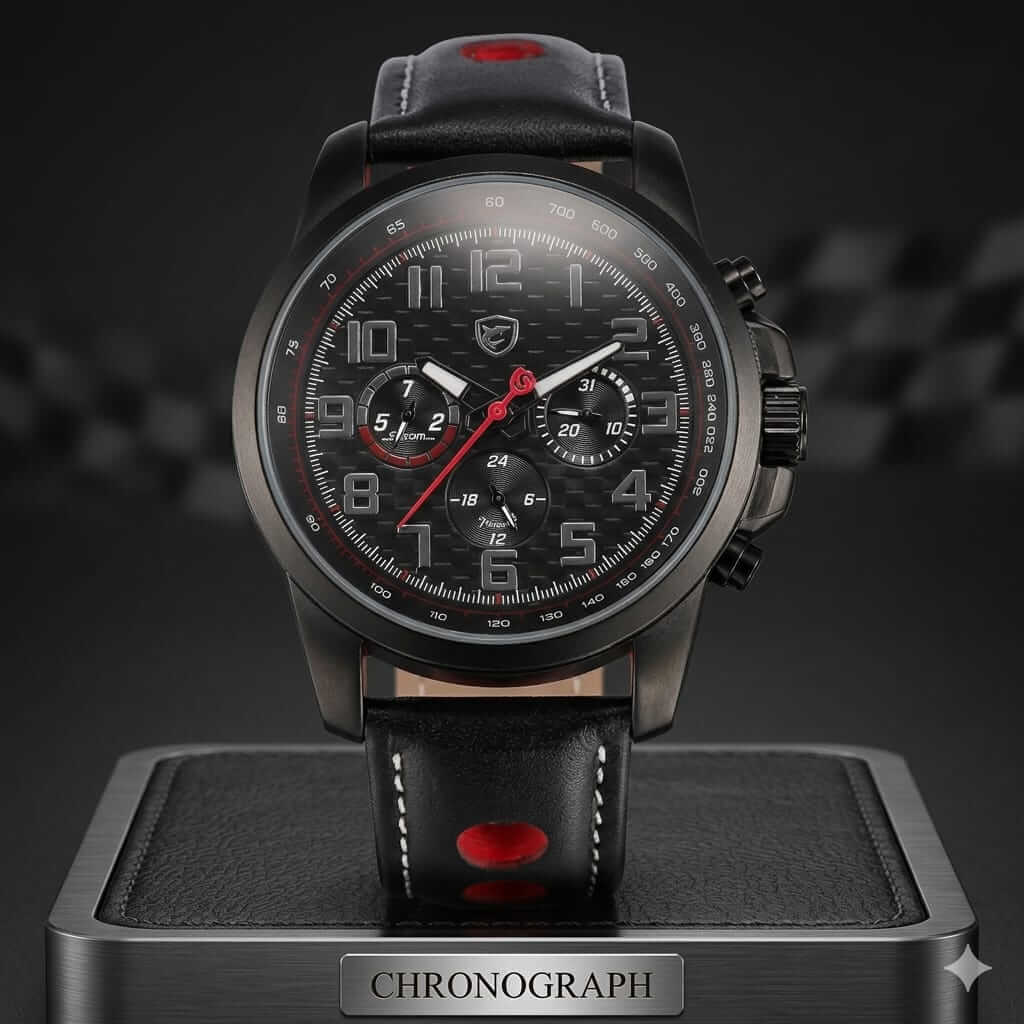 SHARK Men's Chronograph Watch – Black Leather Strap Sports Wristwatch with Red Accents SHARK Men's Chronograph Watch – Black Leather Strap Sports Wristwatch with Red Accents