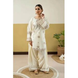 Women's White Embroidered Cotton Short Shirt with Farshi Shalwar – 2 Piece Stitched Suit
