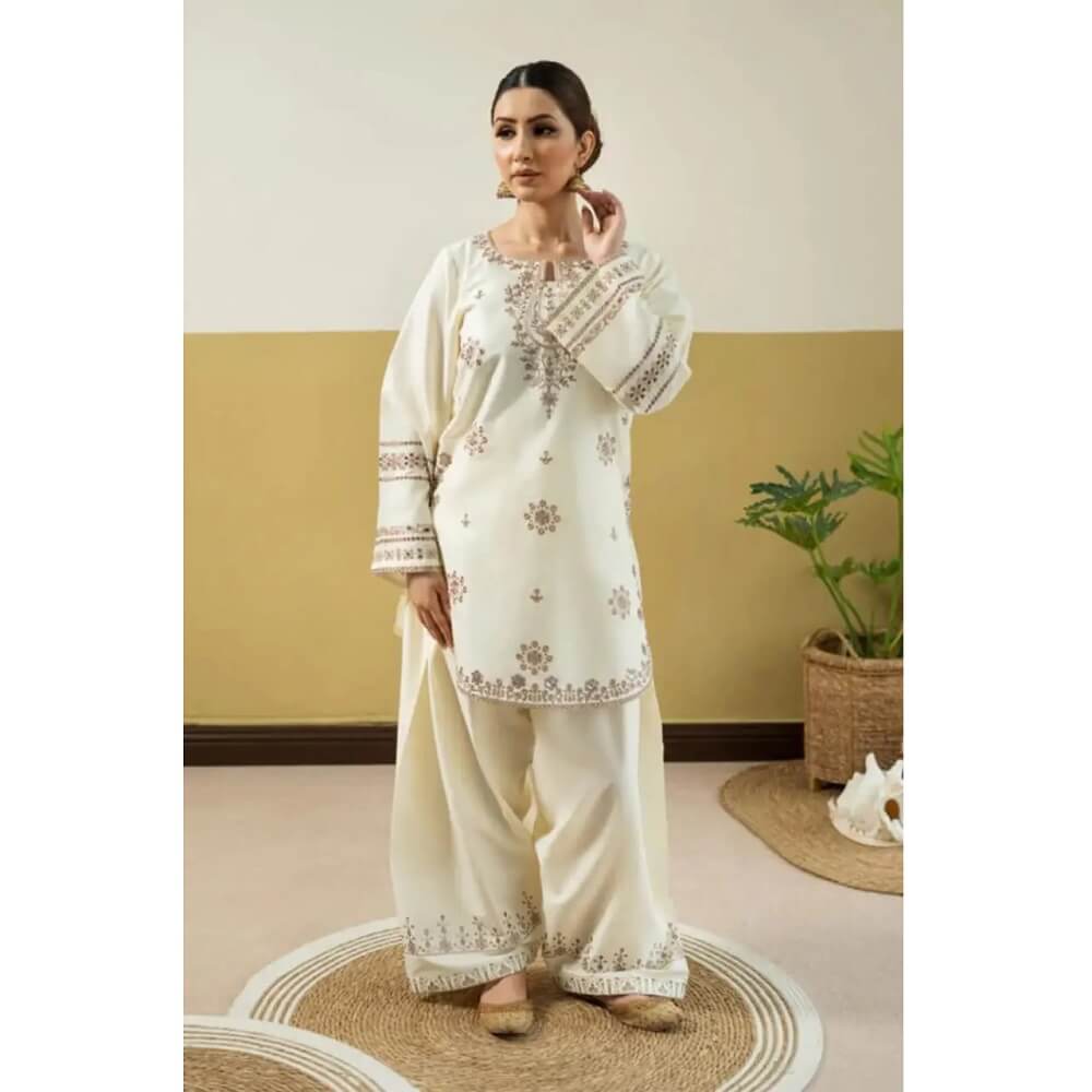 Women's White Embroidered Cotton Short Shirt with Farshi Shalwar – 2 Piece Stitched Suit Women's White Embroidered Cotton Short Shirt with Farshi Shalwar – 2 Piece Stitched Suit