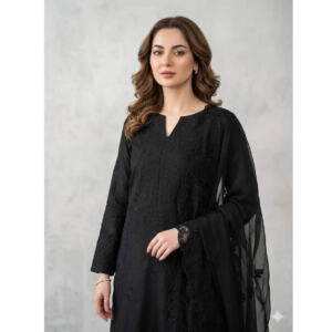 Black Chikankari Embroidered Cotton Lawn 3 Piece Suit for Women
